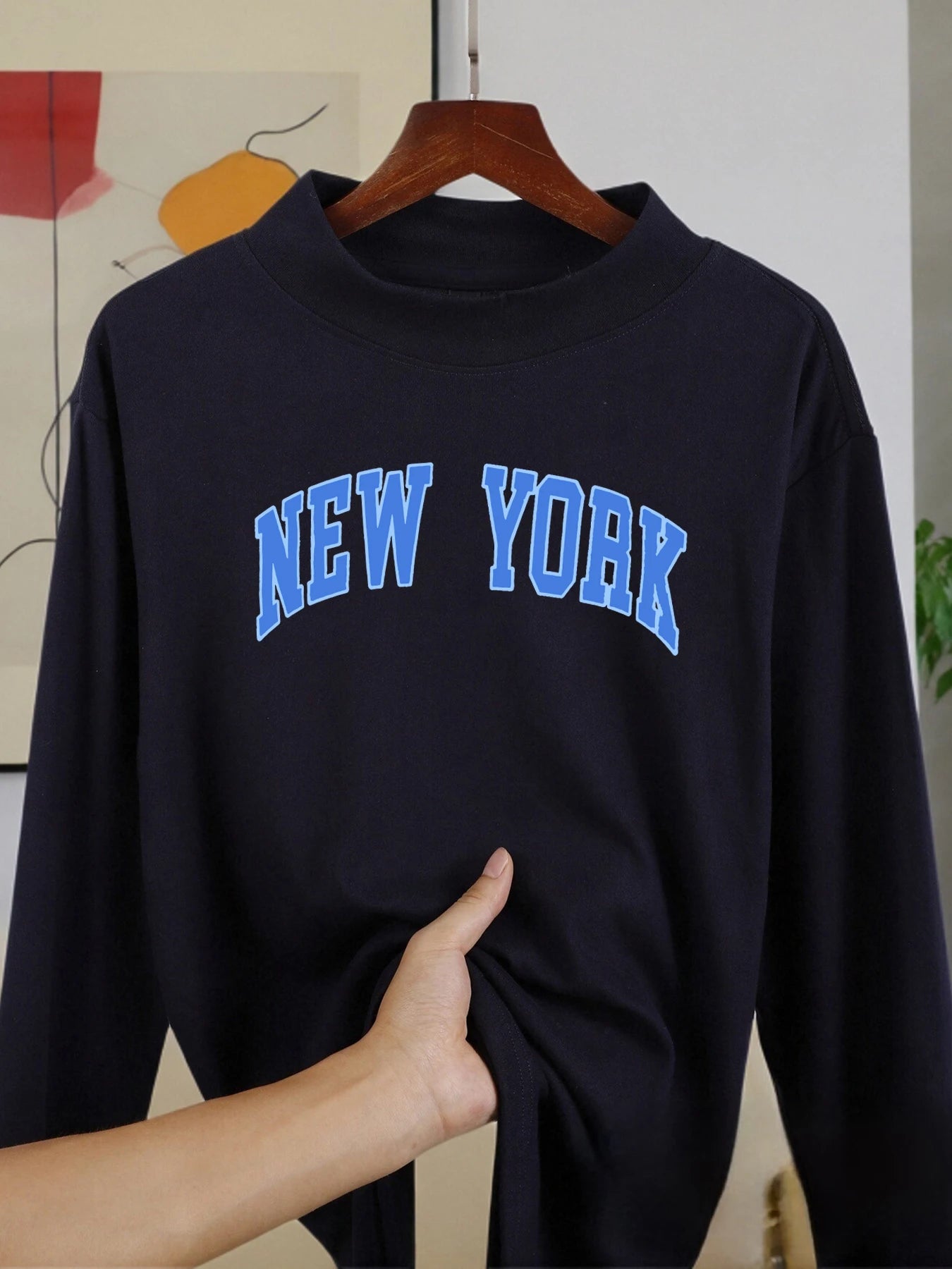 New York Letter Blue Long Sleeved Shirt Fashion Casual Clothes Velvet Fleece Warm Base Layer Middle Collar Fit Soft Shirts