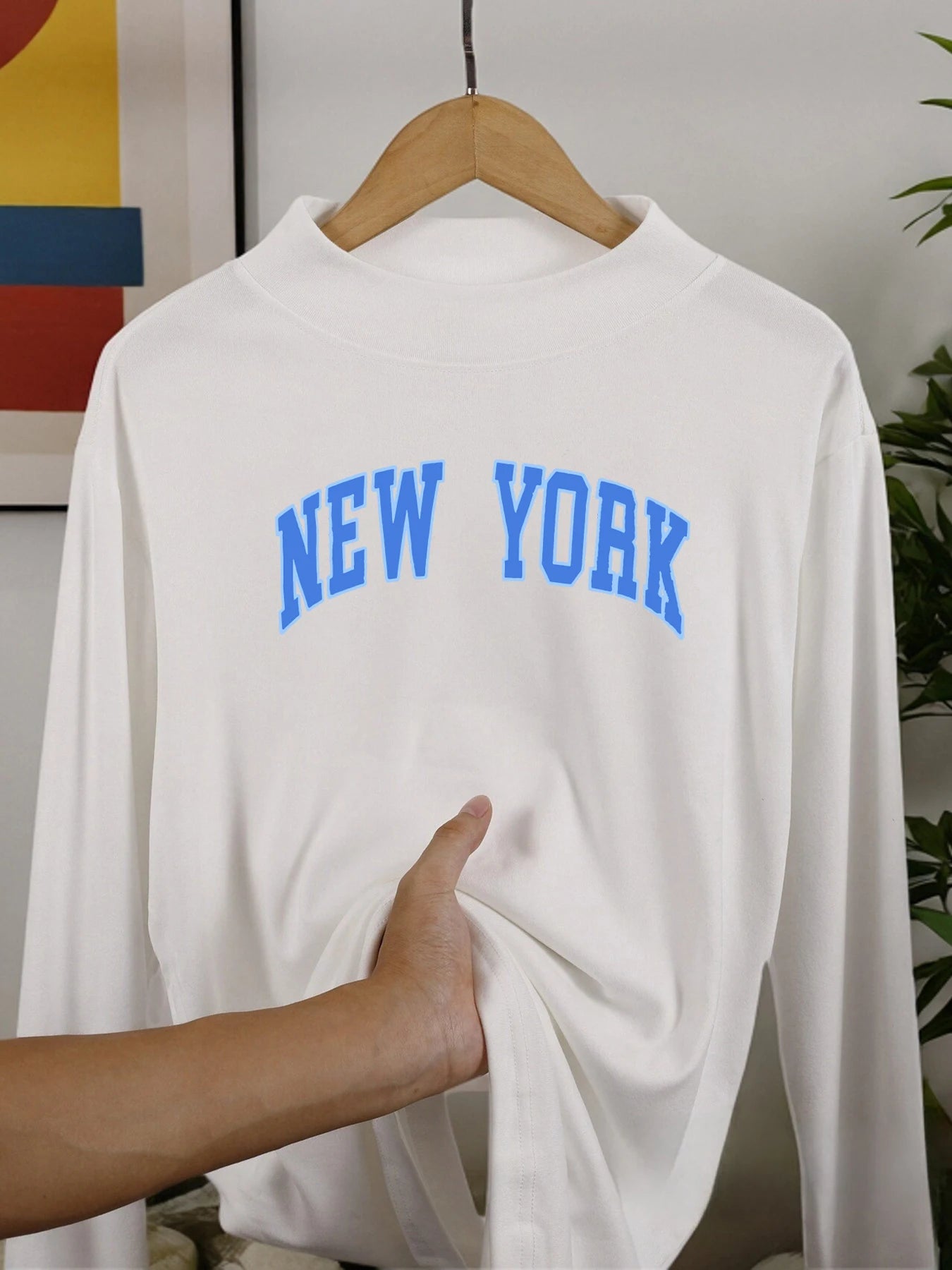 New York Letter Blue Long Sleeved Shirt Fashion Casual Clothes Velvet Fleece Warm Base Layer Middle Collar Fit Soft Shirts