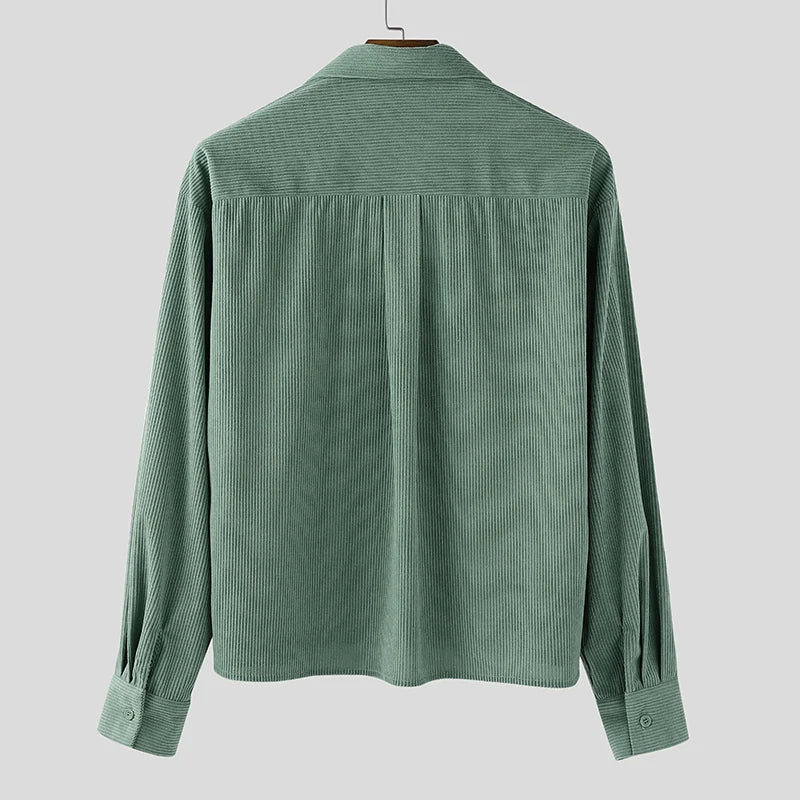 INCERUN Men Shirt Solid Color Corduroy Lapel Long Sleeve Men Clothing Spring Autumn Streetwear Fashion Casual Tops Male Shirts