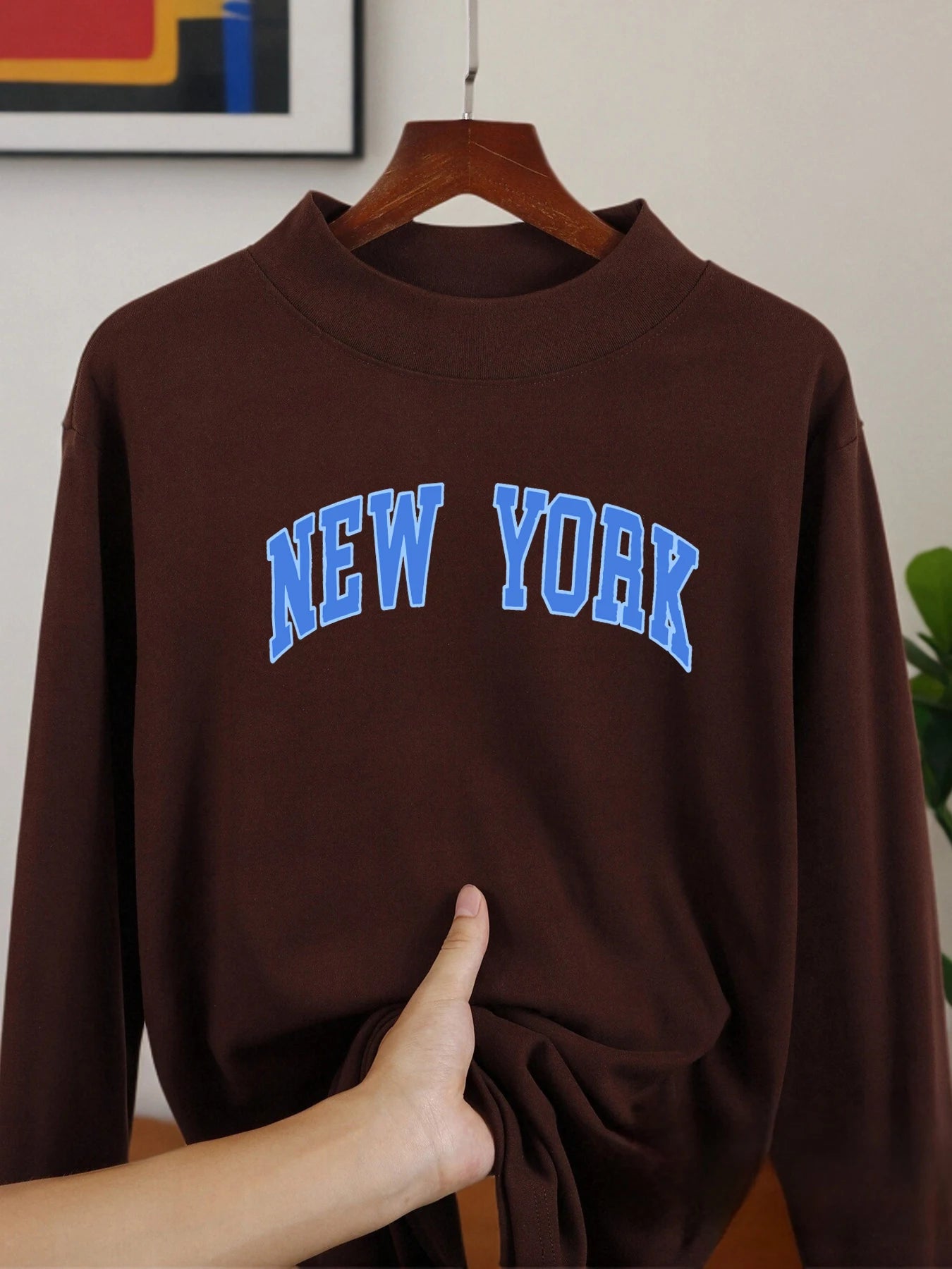 New York Letter Blue Long Sleeved Shirt Fashion Casual Clothes Velvet Fleece Warm Base Layer Middle Collar Fit Soft Shirts