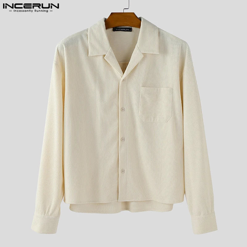 INCERUN Men Shirt Solid Color Corduroy Lapel Long Sleeve Men Clothing Spring Autumn Streetwear Fashion Casual Tops Male Shirts