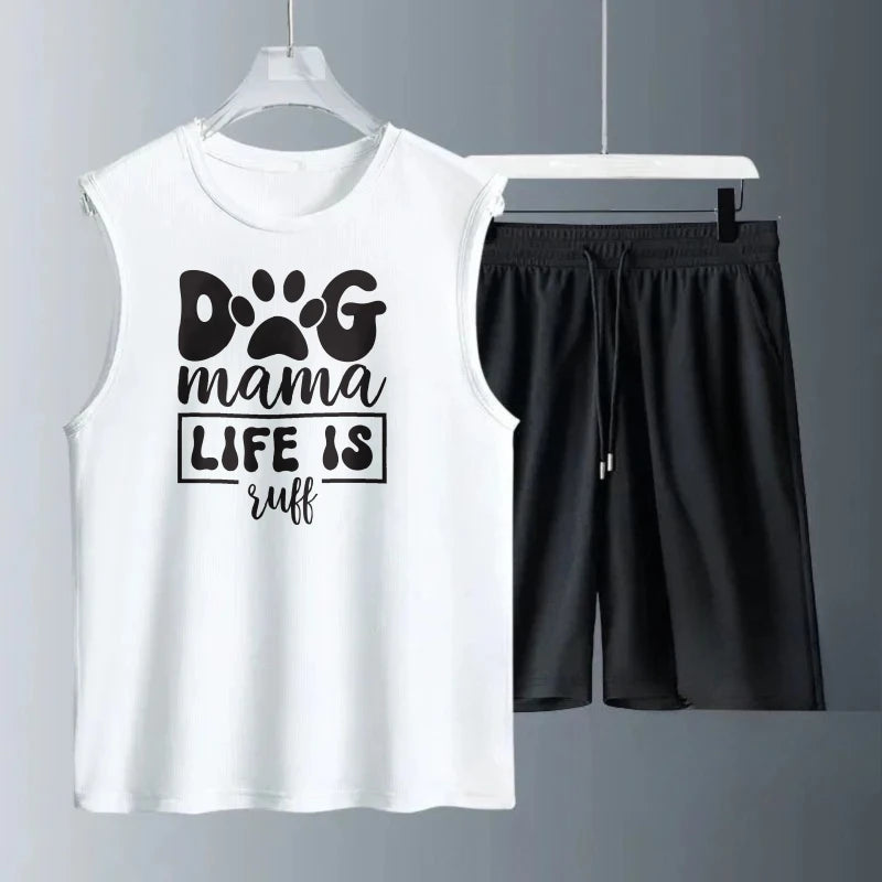 Men's vest suit Summer sleeveless printed Dog Mama tank Tops + shorts men's sports clothing two-piece sets Quick drying clothing