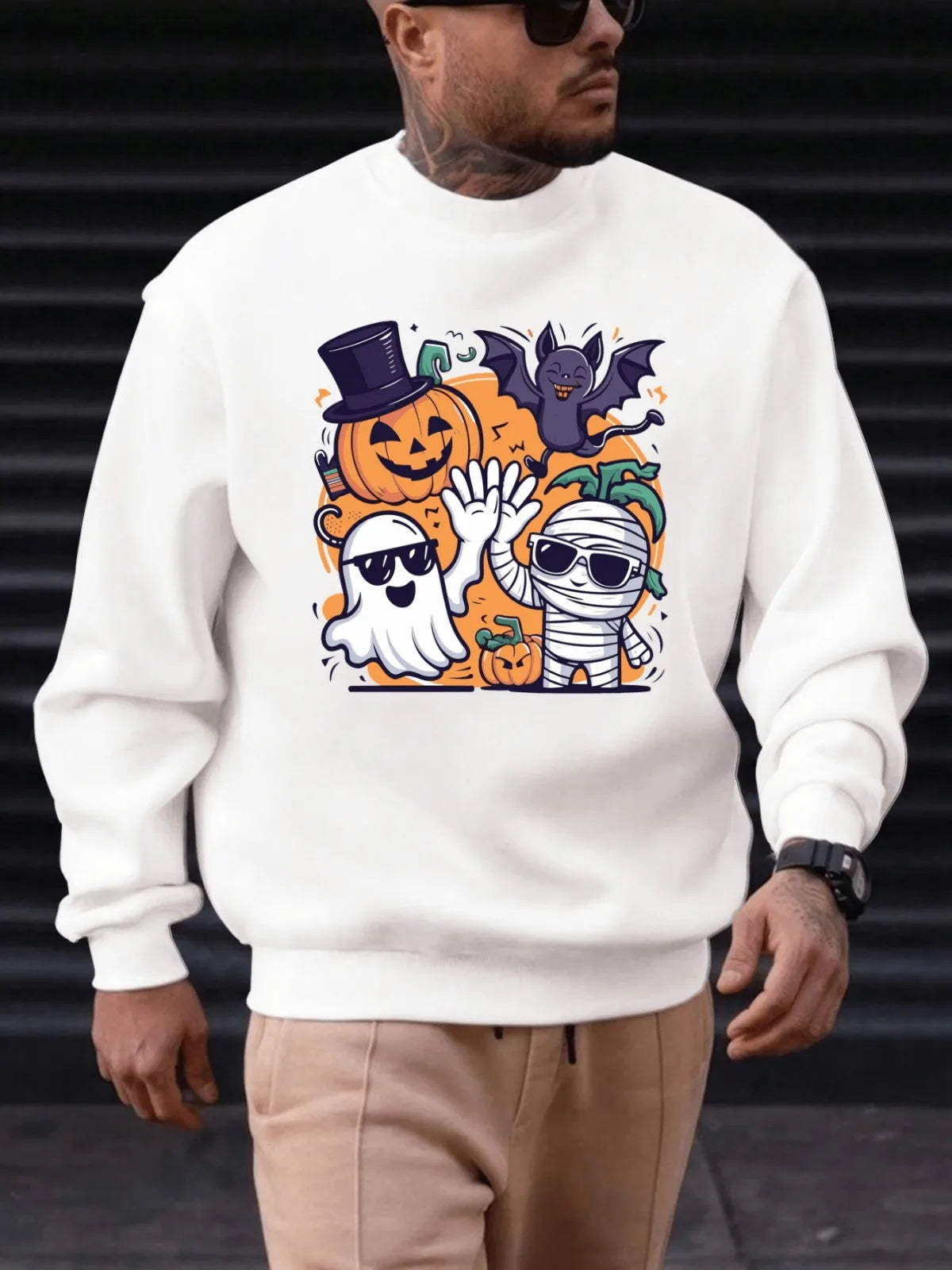Men's Halloween Graphic Sweatshirt Spooky Pumpkin Mummy Ghost and Bat Print Pullover Comfortable Suitable for Holiday Gifts Top
