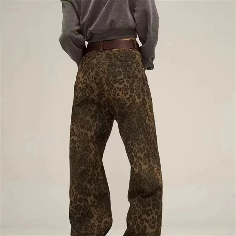 American vintage leopard print jeans female autumn winter new design sense small straight tube overalls casual pants