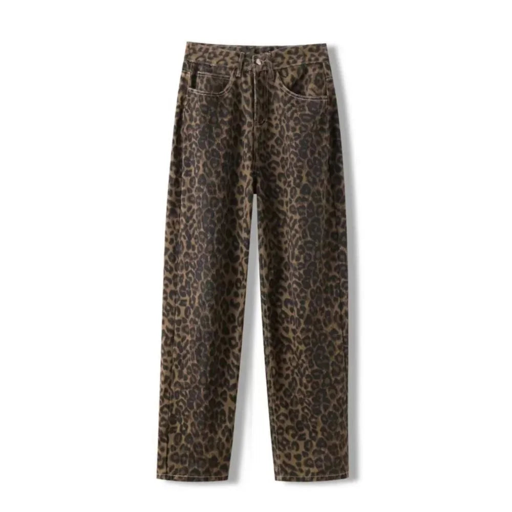 American vintage leopard print jeans female autumn winter new design sense small straight tube overalls casual pants