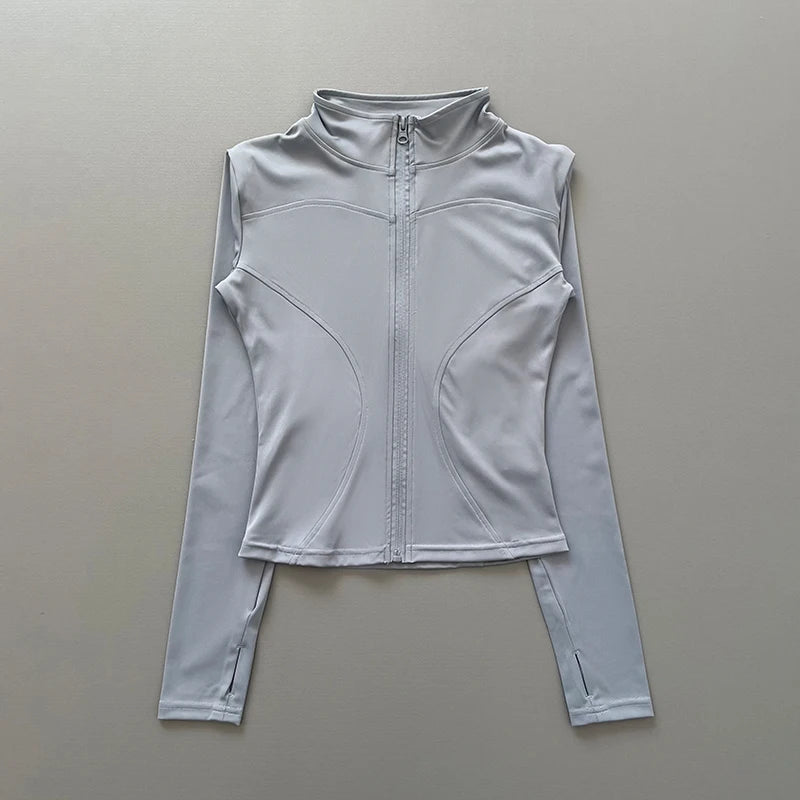Women's Workout Jacket Stretch Fitted Zip Front Long Sleeve Running Yoga Slimming Waist-Cinching Stand Collar Quick-Dry Sportswe