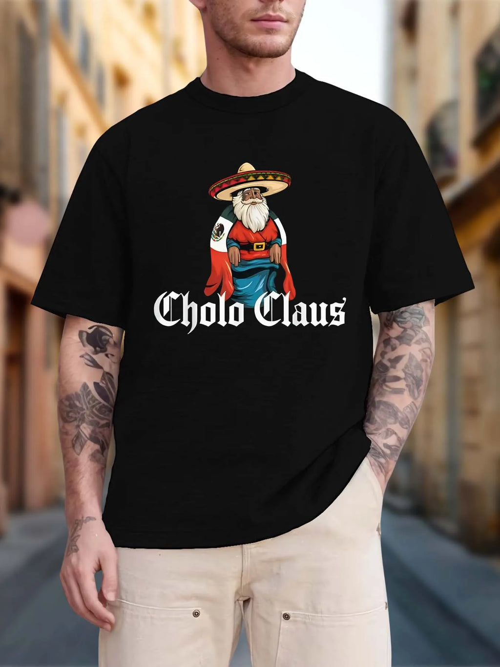 Men's Mexican Style Cholo Claus Santa Graphic T-Shirt Cultural Creative Loose Crew Neck Casual Top comfortable