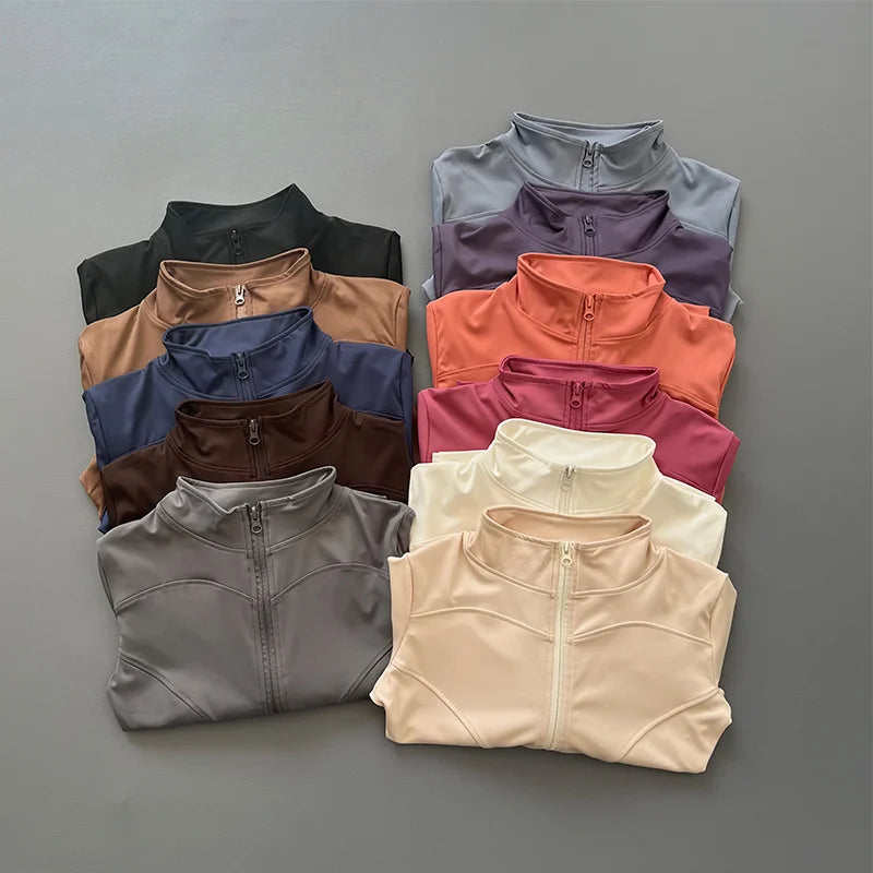 Women's Workout Jacket Stretch Fitted Zip Front Long Sleeve Running Yoga Slimming Waist-Cinching Stand Collar Quick-Dry Sportswe